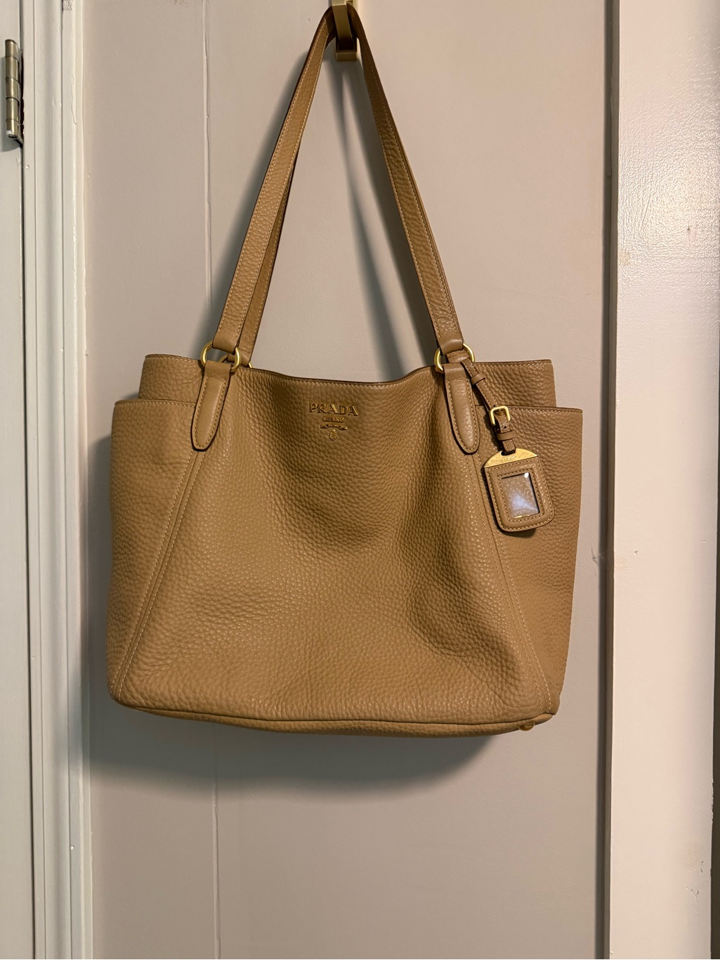 Prada Tan Pebbled Leather Tote With Gold Hardware